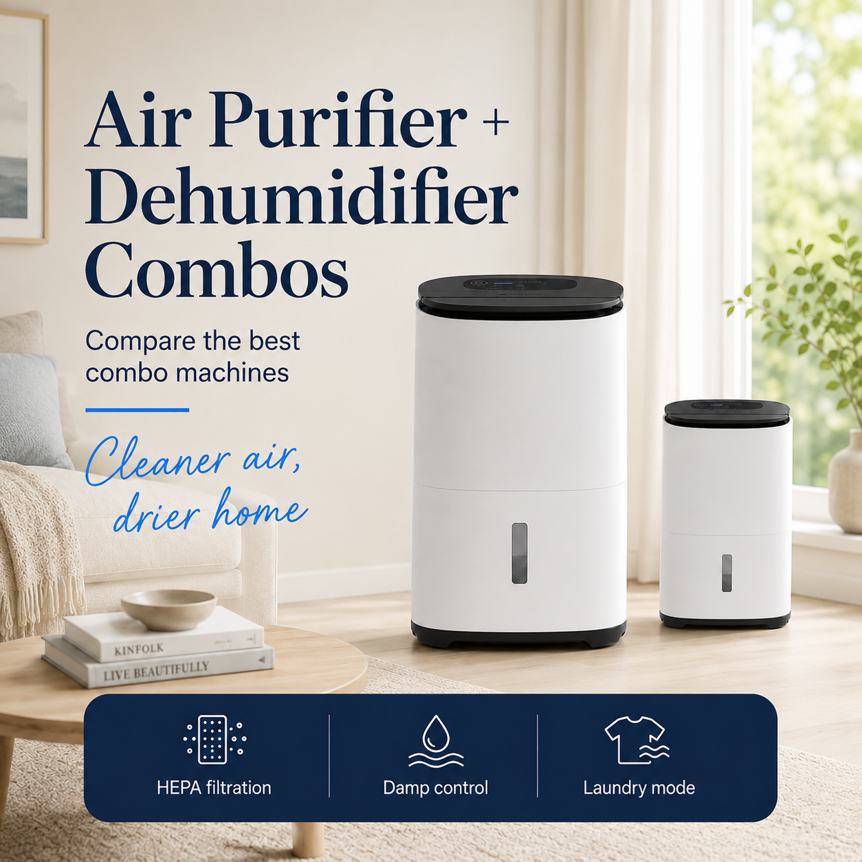 MeacoDry Arete air purifier and dehumidifier combos in a bright living room